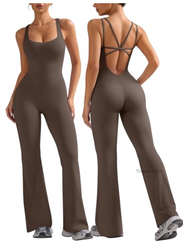 Flare Workout Jumpsuit Sleeveless Backless Criss Cross Straps Gym Yoga Romper